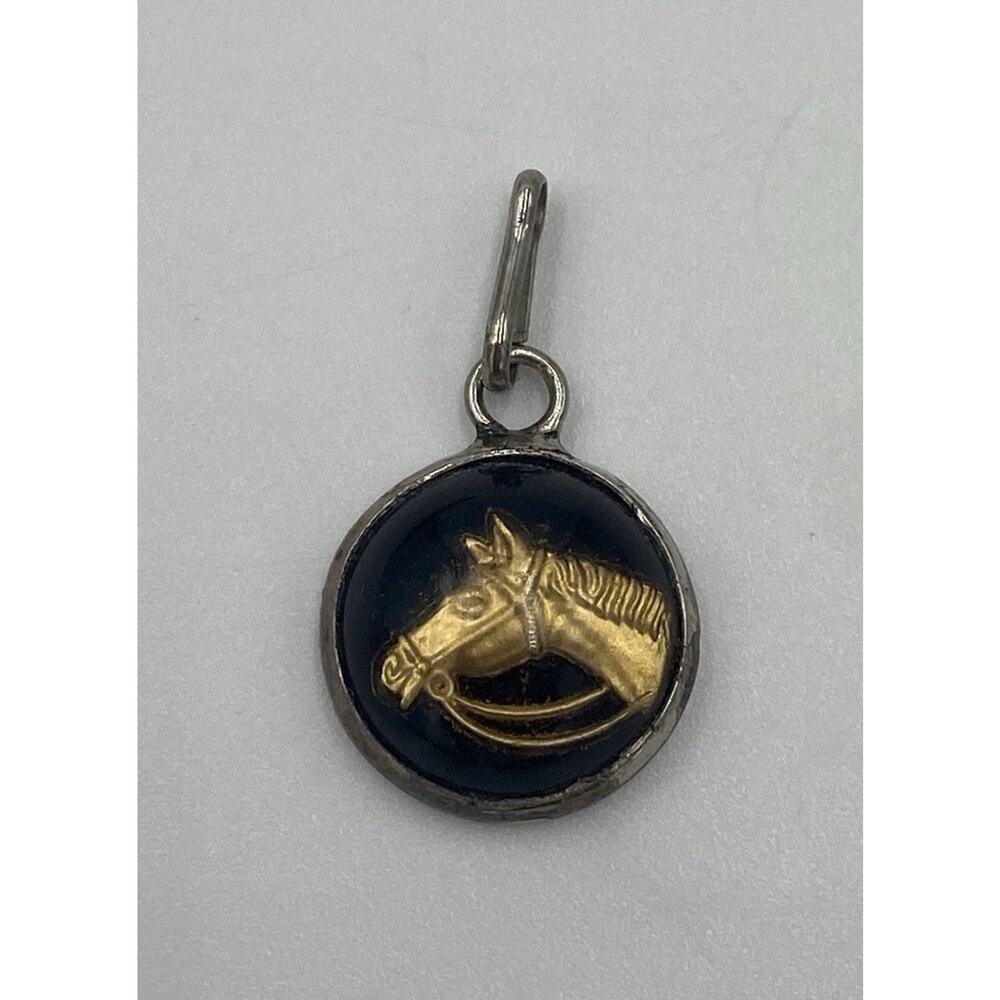 Vintage Sterling Silver Reverse Glass Intaglio Horse Charm Crystal Gold Carved